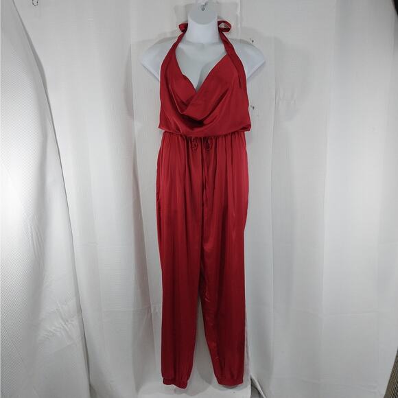 NWT! FASHION NOVA! RUBY RED DATIN HALTER TOP ONESIE, JUMPSUIT, ROMPER! SZ 2X - Picture 2 of 13